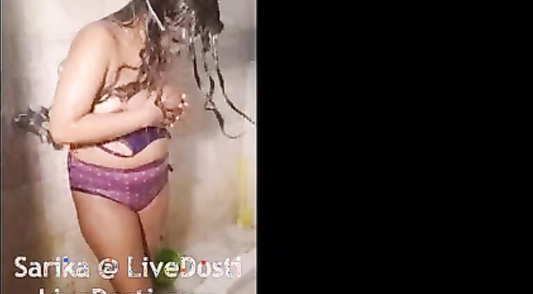 gf cute girl in shower playing with her huge boobs